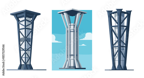 Set of three futuristic skyscraper towers featuring industrial metallic frames and sleek white architectural cores.