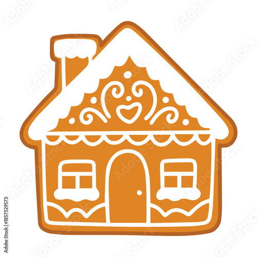 Single baked cottage biscuit for Christmas. Holiday gingerbread house with sugar glaze windows and door isolated on white background.