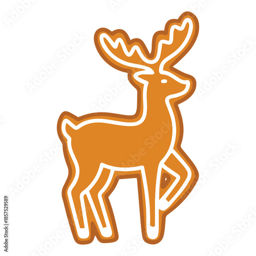 Festive animal biscuit for Santa team. Glazed gingerbread deer isolated on white background for Christmas nature theme design.