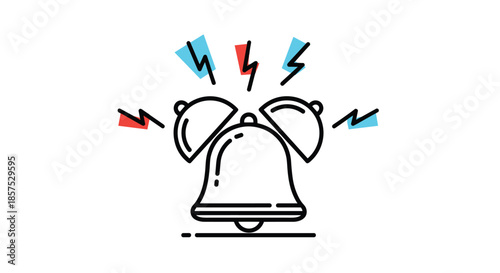 Simple line art icon of a ringing service bell with red and blue motion lines representing loud sound waves or an alarm.