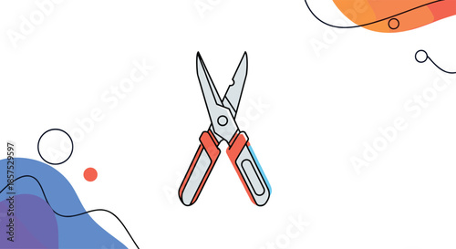 Pair of metal pruning shears with red and gray handles over an abstract background of colorful and artistic shapes.