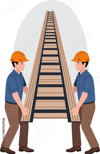 Create a realistic Two workmen with helmets carrying a ladder together vector art with white background.