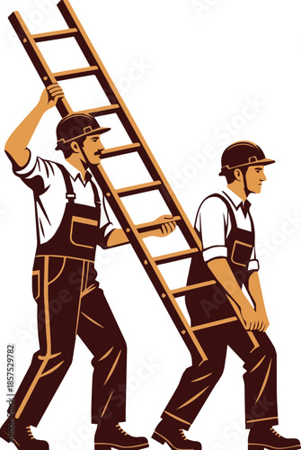 Create a realistic Two workmen with helmets carrying a ladder together vector art with white background.