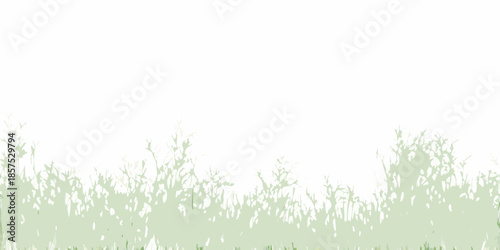 A soft pale green landscape with blurred foliage at the bottom edge