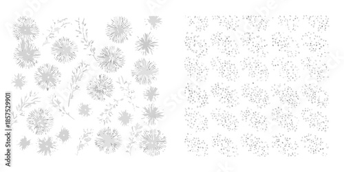 Delicate floral pattern dandelion seed heads and botanical elements on white