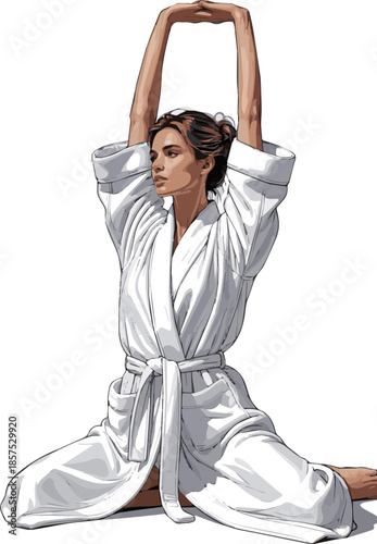 Create a realistic Woman in a silky white bathrobe sitting on the floor and stretching her arms up vector art with white background