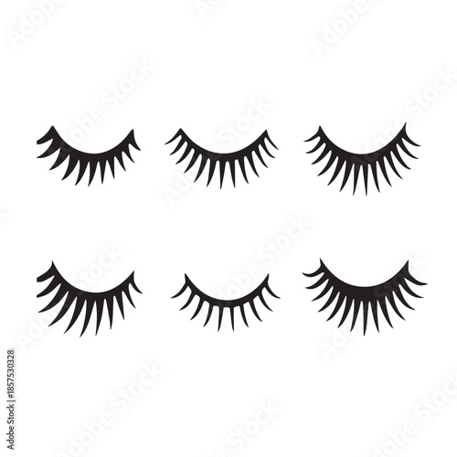 Print  Black and White Eyelash Vector Set – 6 Unique Minimalist Eyelash Designs, Flat Monochrome Vector Illustrations Isolated on White Background