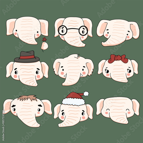 A set of cute white cartoon elephants on a green background. Some elephants are decorated with bows, hats, glasses and flowers. Vector illustration for kids