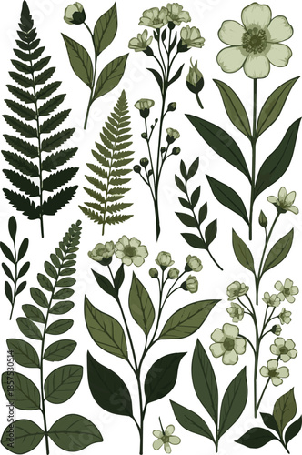 Create a Composition of different green plants and some blooming flowers vector art with white background.3