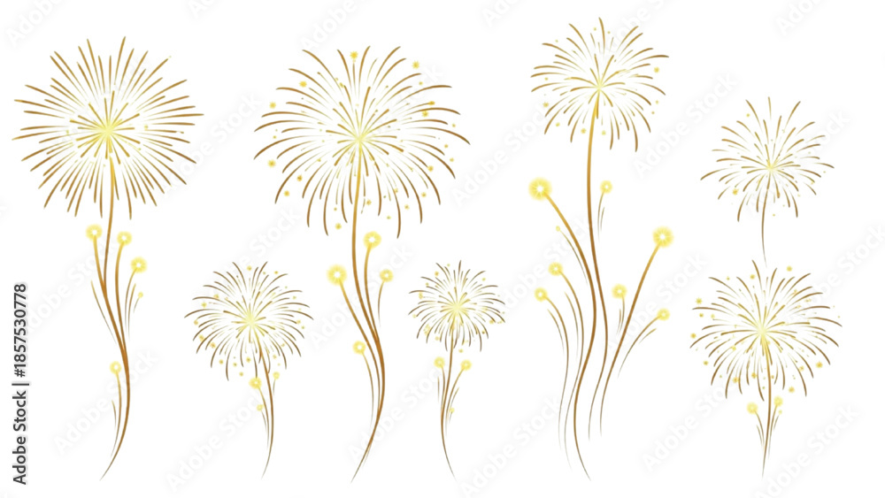 Obraz premium Golden Fireworks Line Art Set, Sparkling Celebration Burst Illustrations on White Background