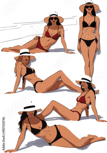 Create a kinds of deferent realistic Woman in a bikini and wearing a hat lying on the beach and sunbathing vector art with white background.