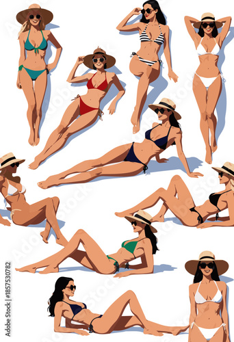 Create a kinds of deferent realistic Woman in a bikini and wearing a hat lying on the beach and sunbathing vector art with white background.