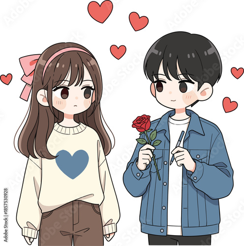Cute Anime Style Illustration of a Young Man Giving a Red Rose to a Woman for Valentine Day and Love Concept Vector.