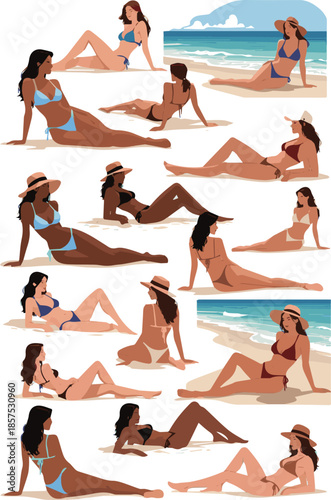 Create a kinds of deferent realistic Woman in a bikini and wearing a hat lying on the beach and sunbathing vector art with white background.