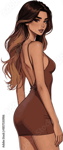 Create a realistic Beautiful and trendy young woman in a brown mini dress standing in profile vector art with white background.