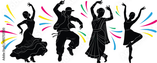 Stylized dancers performing flamenco, hip-hop, Bharatanatyam, ballet, colorful motion lines, vector illustration for culture, expression, rhythm, and dance themes