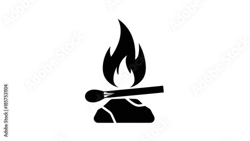 Black and white icon of a lit match igniting a fire on rocks.