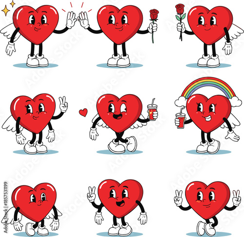 Set of Cute Retro Cartoon Heart Characters with Different Poses for Valentine Day and Love Concept Vector Illustration.