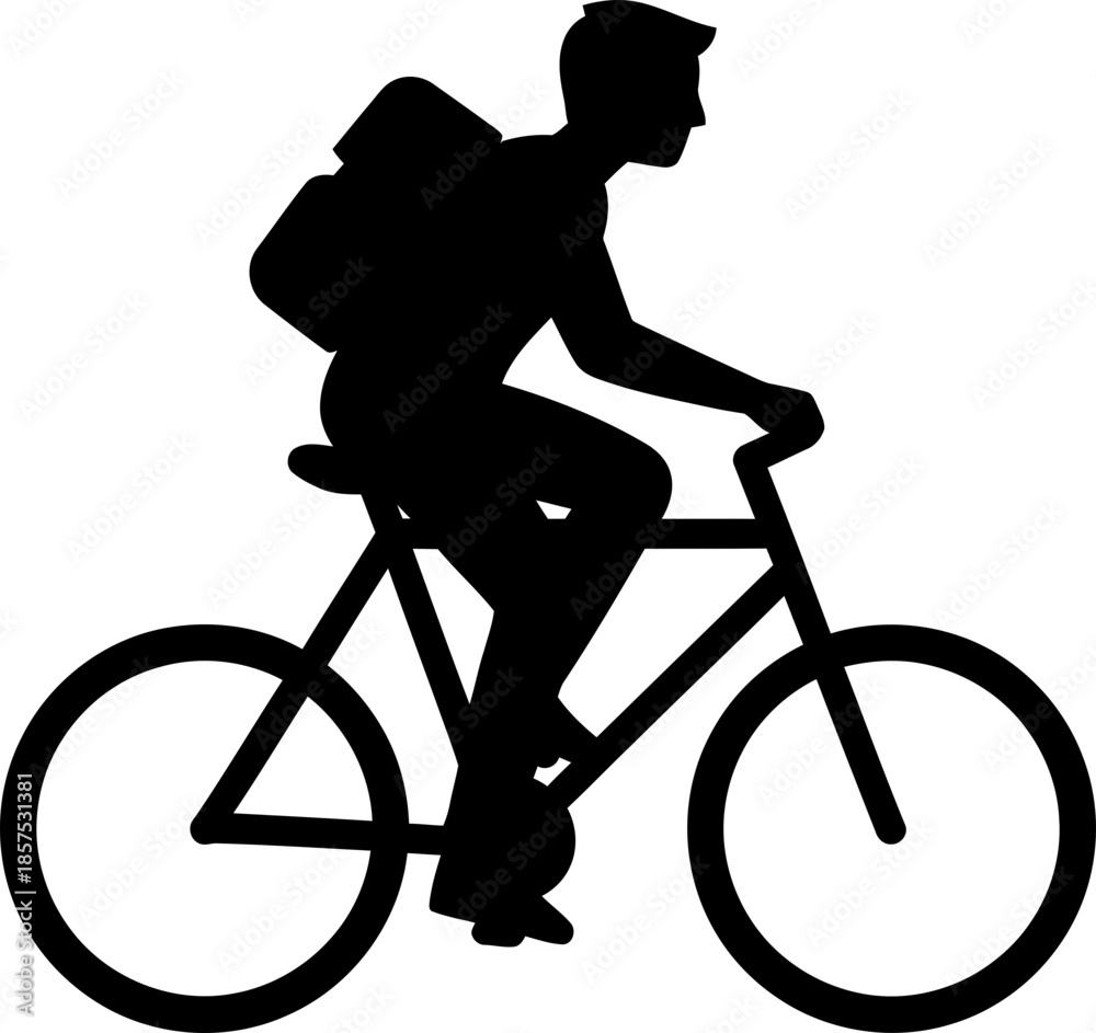 Obraz premium Man riding bicycle with backpack. Flat black silhouette. Courier or delivery service concept. Vector icon for sign, app, web, pictogram