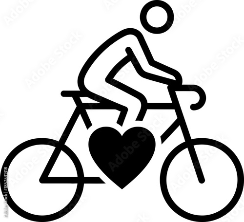 Man cycling a bicycle with a heart symbol. Healthy lifestyle concept. Minimalist line icon for fitness app, sports web design. Vector illustration