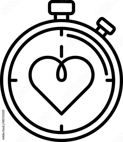 Stopwatch icon with heart shape inside, representing concept of limited time for love or heart health, such as for Valentines Day. Vector graphics