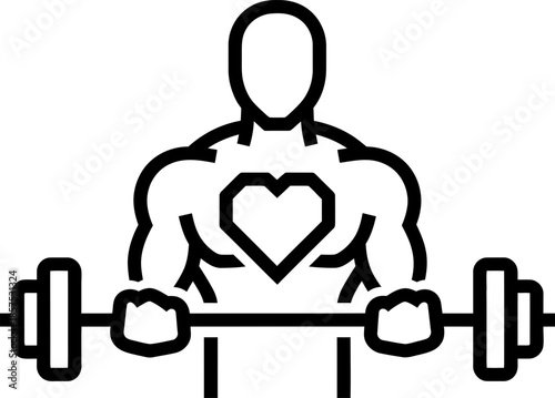 Man lifting barbell with heart symbol on chest, representing fitness, health and strength. Outline style. Vector icon for sport