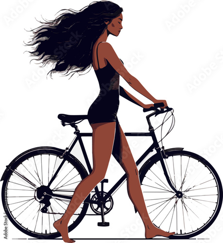 Create a realistic Beautiful black woman walking with a bicycle and looking back over her shoulder vector art with white background.