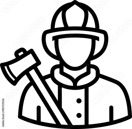 Firefighter man icon with helmet and axe. Emergency service worker for fire safety and rescue concept. Flat outline vector illustration