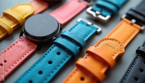 Assortment of colorful leather watch straps arranged with smartwatch. Straps feature various vibrant hues like yellow, coral, turquoise, orange, black. Includes metal buckles, stitching details.