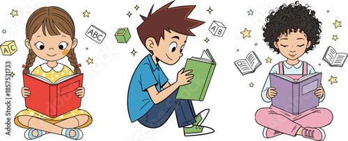 Children reading books, learning together, surrounded by alphabet blocks, stars, and imagination, promoting literacy, education, creativity, and joyful reading in colorful vector style