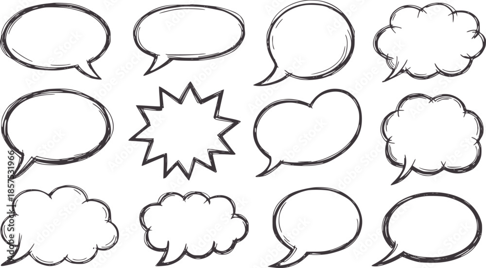 Fototapeta premium Nine hand drawn black outline speech bubbles in various shapes