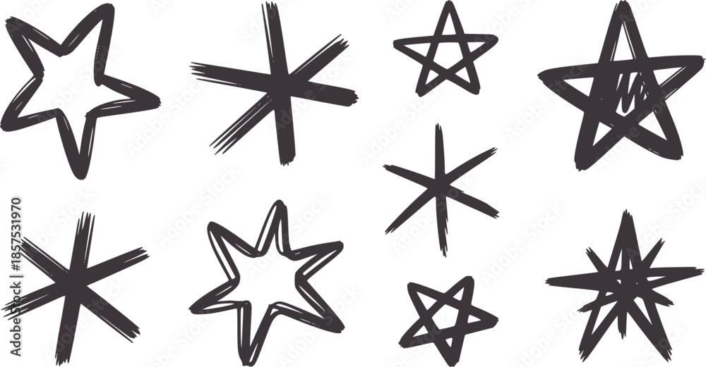Fototapeta premium Nine hand drawn black star shapes in various styles