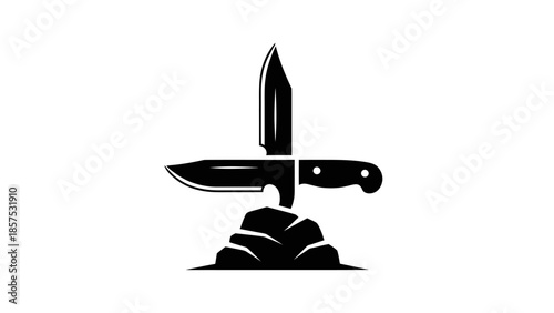 Stylized Black and White Illustration of a Knife Stuck in Rocks.