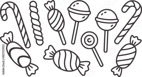 Hand drawn black and white line candy and lollipop editable