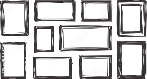 Nine hand drawn black outline frames in varying sizes white
