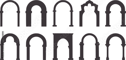 Ten black arched doorway silhouettes white in flat