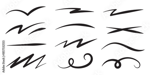 A set of strikethrough underlines. Black brush stroke underline. Marker pen highlight stroke. Vector swoosh brush underline set for accent, marker emphasis element. EPS 10.