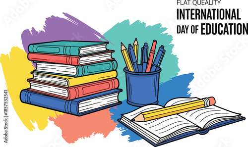 International Day of Education Illustration – Flat Color Design with Books Pencil and School Supplies Learning Concept