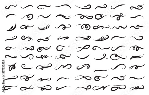 Swooshes text tails for baseball design. Sports swash underline shapes set in retro style. Swish typography font elements for athletics, baseball, football decoration. Black swirl vector line