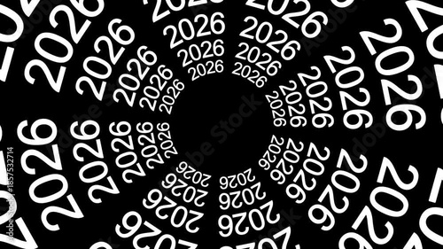 2026 White Rotate animation with Black Background. Middle copy space. Special Day of Business Concept.