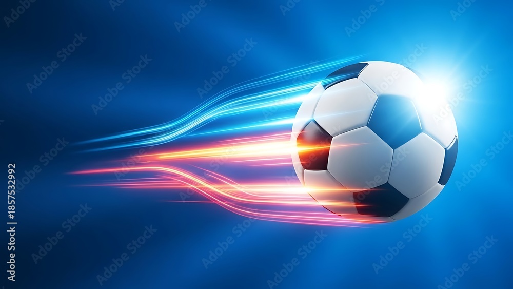 Fototapeta premium Soccer ball with light trails on blue background, motion blur