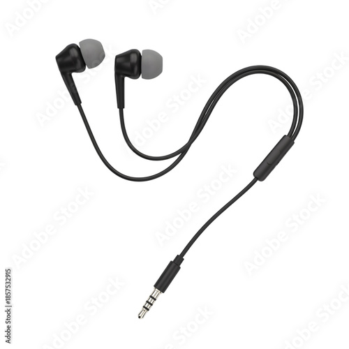 Modern gray wired earphones with a black cable isolated on a black background