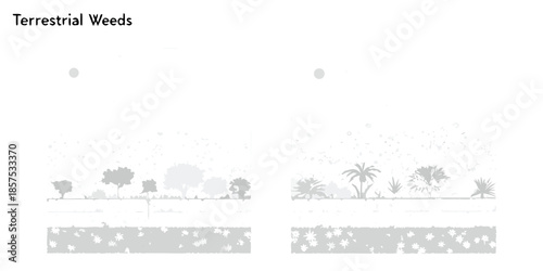 A grayscale landscape featuring silhouetted trees and textured ground planes