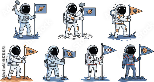 Cartoon astronauts planting flags, exploring space, wearing colorful suits, celebrating discovery, teamwork, and adventure on alien terrain in vector illustration style