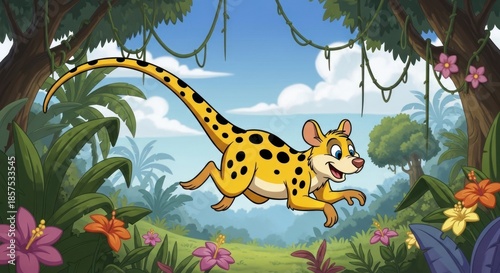 Cartoon spotted creature runs through a lush tropical jungle.