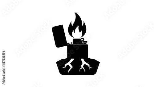 Black silhouette of a lighter with roots growing from its base and a flame on top.