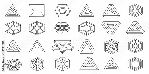 An arrangement of various geometric shapes including triangles hexagons and cubes