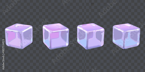 Four iridescent ice cubes displayed against a transparent background