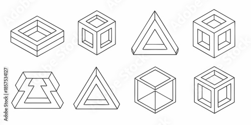 Isometric geometric shapes and optical illusions in a black and white drawing