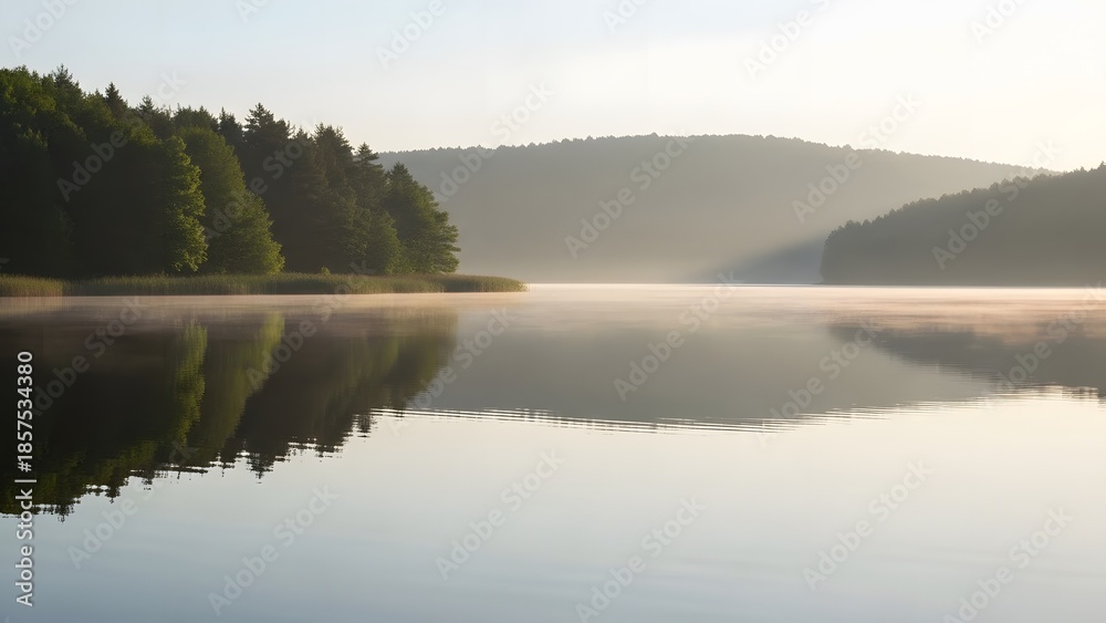 Fototapeta premium Serene lake surrounded by lush forest and rolling hills at dawn with misty atmosphere